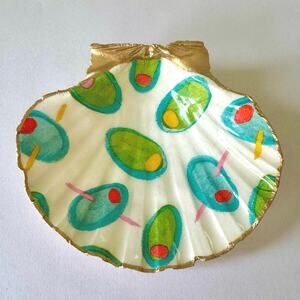 Olive Martini Shell Trinket Dish Gold Edge Ring Dish Bar Cart Hostess Gift